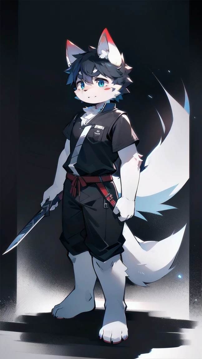 White Wolf，black hair，Sky blue eyes，hairy，Wolf ears，Wolf tail，Full body portrait，The character is in the center of the frame，Handsome，Confident eye***but，juvenile，Black and white combat uniform，Red neck bib，Black shorts，Short sleeve，hairy arms and legs，Dark background，Dark battlefield，dawn，sunrise，dawn，illumination，shadow，Swordsman，Scabbard and Hold the hilt of a in your hand，The scabbard is at the waist，Highest quality,A tall stature