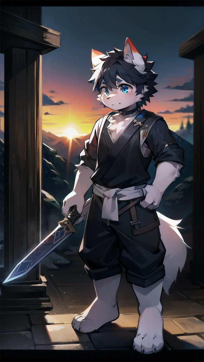 White Wolf,black hair,Sky blue eyes,hairy,Wolf ears,Wolf tail,Full body portrait,The character is in the center of the frame,Handsome,Confident eye***but,juvenile,Black and white combat uniform,Red neck bib,Black shorts,Short sleeve,hairy arms and legs,Dark background,Dark battlefield,dawn,sunrise,dawn,illumination,shadow,Swordsman,Scabbard and Hold the hilt of a in your hand,The scabbard is at the waist,Highest quality,A tall stature