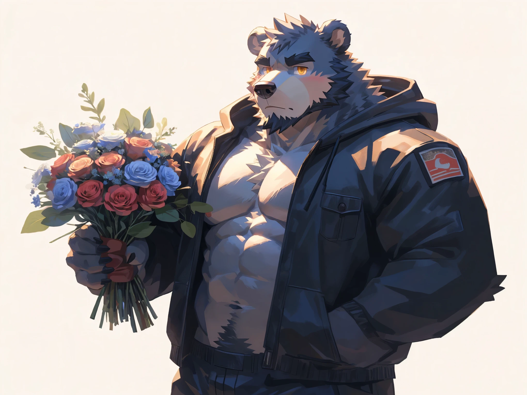 (masterpiece:1.2), best quality,pixiv,official art,perfect anatomy, (Ray tracing, light),solo, (1_male:1.3) , (muscle), (grey fur:1.4), (muscle bear), (beard:1.2), (gleaming golden eyes), bear tail, Thick eyebrows, open hoodie, (naked inside:1.2), cargo pants , (pure white background: 1.3), (holding bouquet:1.3), pokerface, looking at bouquet: