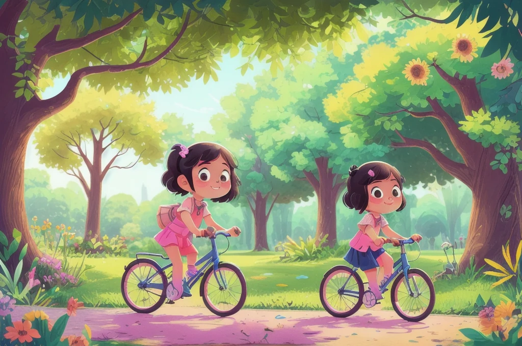 A cute girl riding a bike in a beautiful park, vivid,high contrast