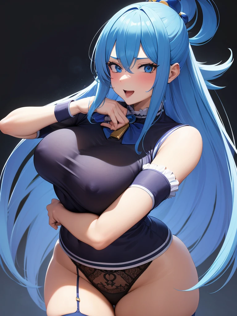 (better quality)), ((masterpiece)), (Very detailed), A high resolution, perfect face, sexual, attractive, looks at the viewer, smile, open mouth, ((8 thousand.)), Mid thighs, big ass, Aqua Konosuba, 1 girl, xenovia the fourth, DXD High School \\\\\ masterpiece, very aesthetic, absurdity, newest, ///// from the nanny, cute sexy butts, One, big , Serious, athletic body,Black background, On knees, White garter belt, blue hair, Good