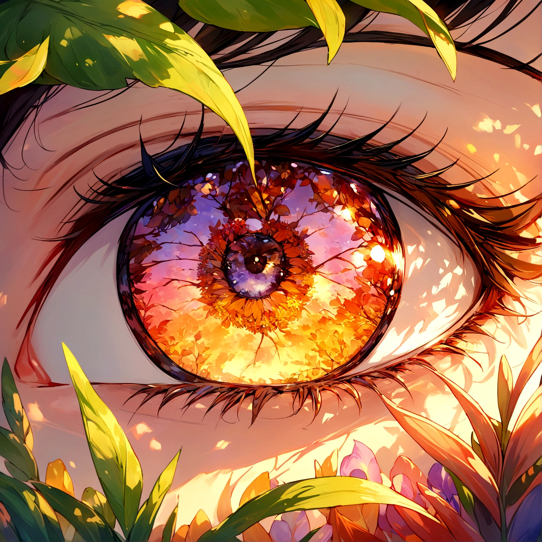 A close-up of an eye, reflecting a beautiful sunset view with gentle colors, lush greenery, and a peaceful landscape. The iris captures the warm hues of the sunset, surrounded by natural elements like leaves and flowers. Intricate detailing, vibrant colors, serene atmosphere, hd quality