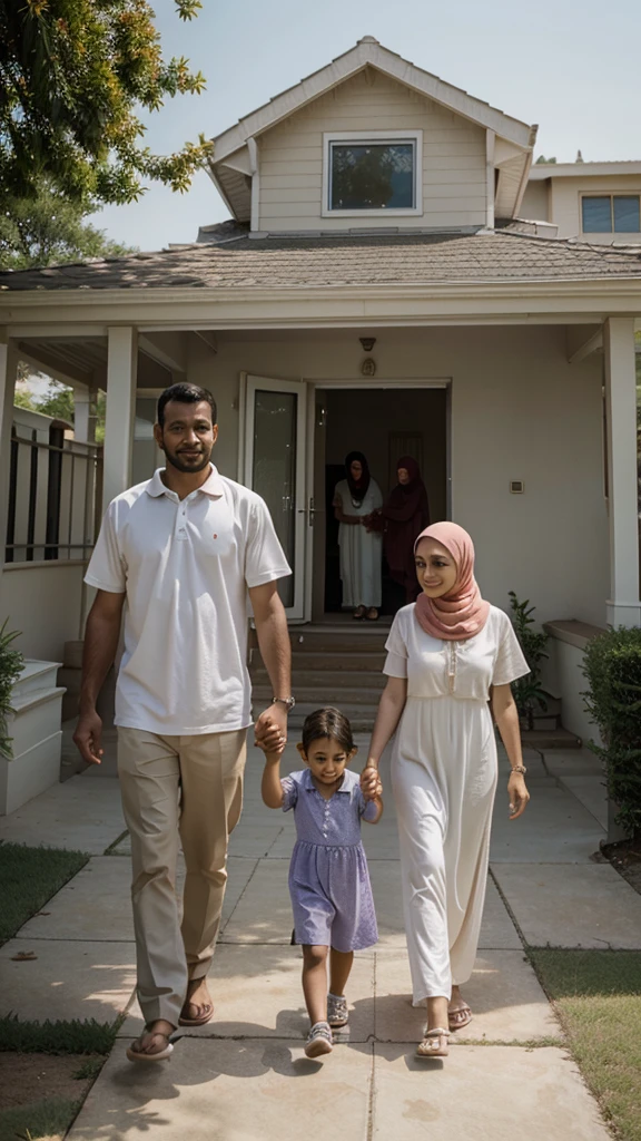 Happy father and mother walking holding their s hand and the mom is muslim and they thinking of buying the dream house.