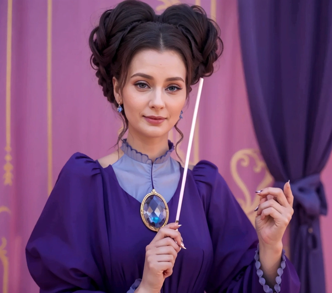 Picture lady Tremaine Cinderellas Stepmother
she is in her mid Fourties, attractive and hot
also tall and always
she has evil smirk on her face and holding
magic wand on her hand