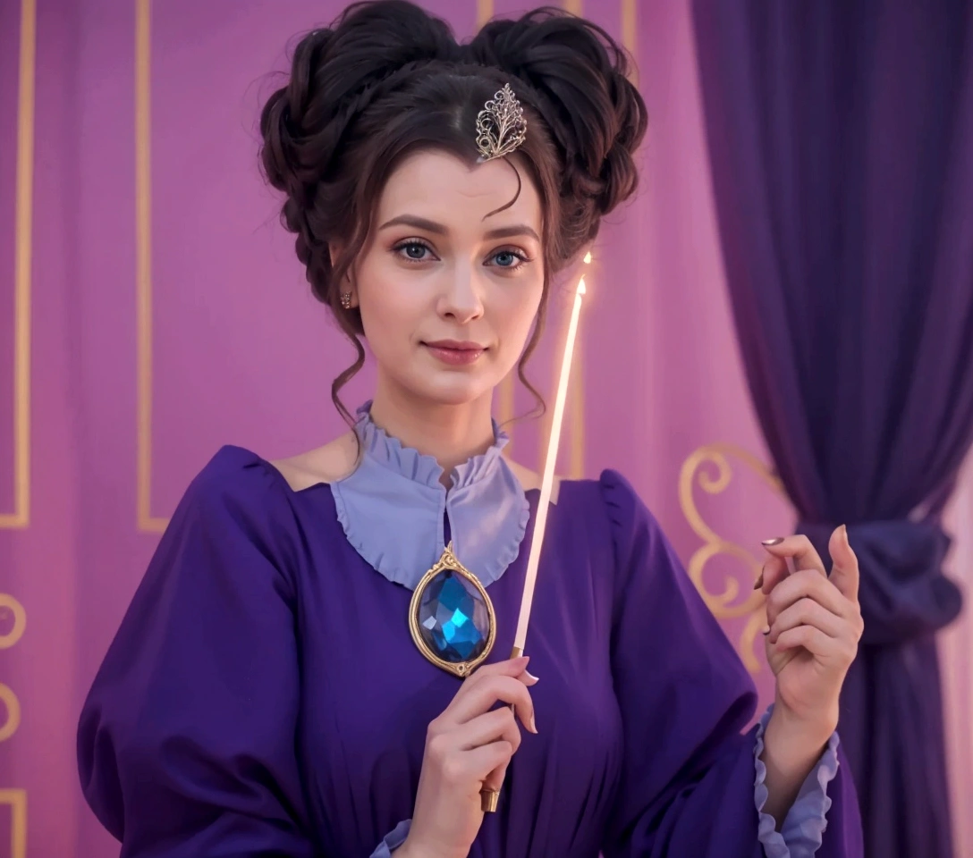 Picture lady Tremaine Cinderellas Stepmother
she is in her mid Fourties, attractive and hot
also tall and always
she has evil smirk on her face and holding
magic wand on her hand