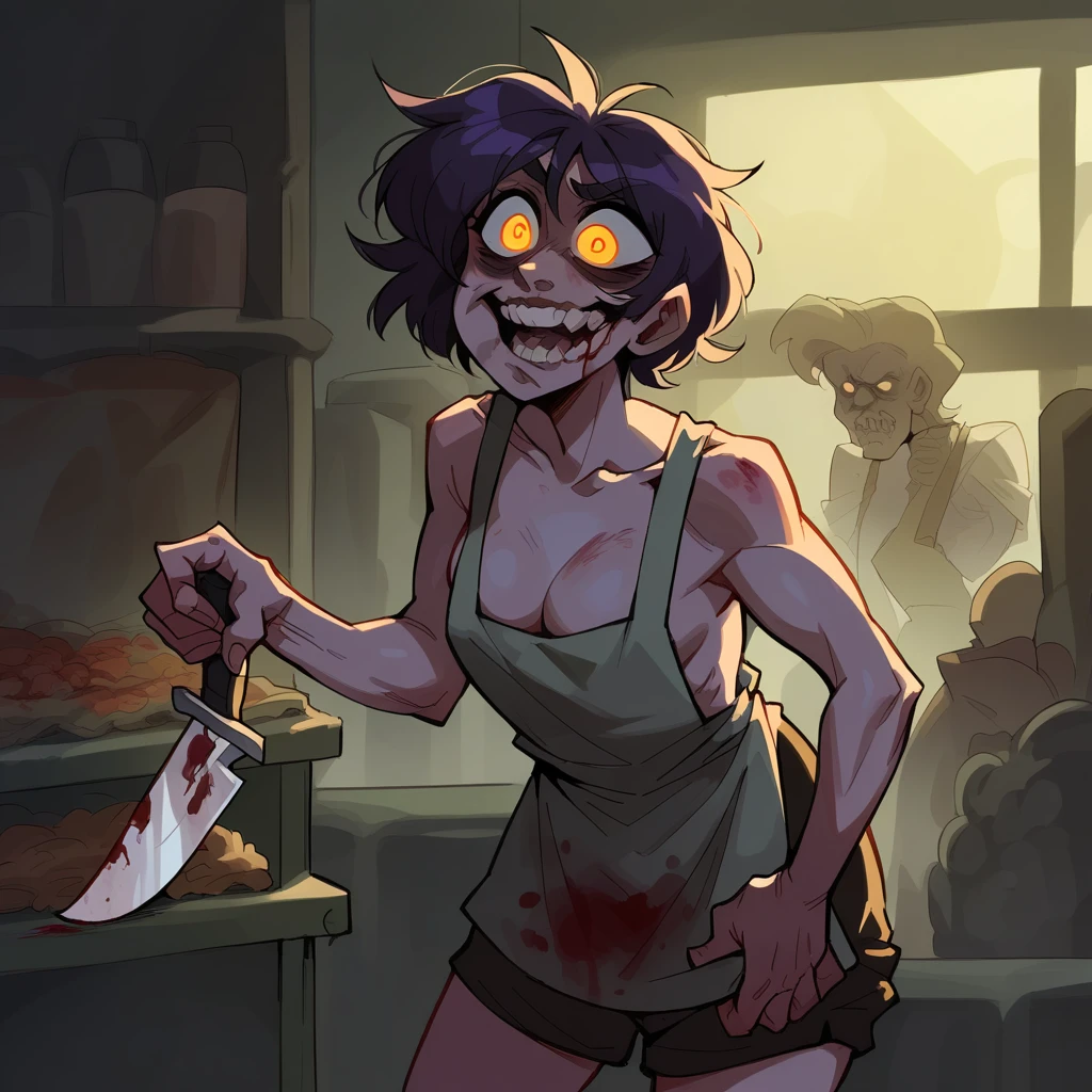 (masterpiece:1.3) 1girl, , (female serial killer:1.5) (skinny with an ugly face:1.3) working at Walmart, wearing an apron with topless under the apron, wide eyes, blood stains on clothes, short khaki shorts, big evil smile, (holding a knife:1.3), horror Walmart background, florescent grocery store lighting, deep shadows , extreme details, , complimentary lighting colors, deep skin, , brightly colored composition, "constricted pupils, small pupils, yellow glowing eyes", Slender Girl, OL, JK, purple bags_under_eyes, ( downblouse, BarbaraEvenot, Bags und