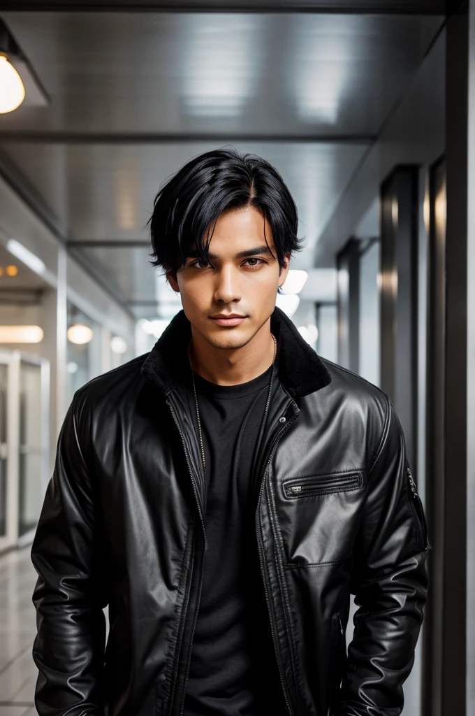 A man with Black jacket, small and black hair,cool personality