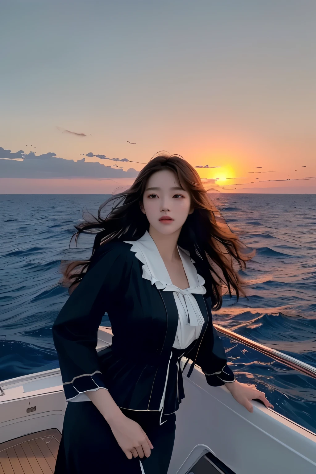 8K, masterpiece, 아름다운 여성 on a boat at sunset, titanic, At sea, rotoscoped, Carl Eugen Kiel(Carl Eugen Keel)Works inspired by, at sunset, Thrilling and romantic, movie stills, hans film art, at dusk!, at sunrise, (Highly detailed facial expressions),
