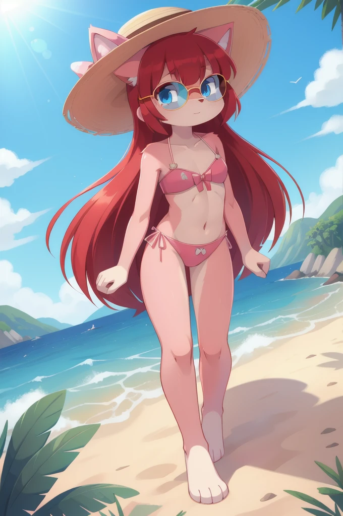 furry girl, cat, red hair, Knight bangs hairstyle, long ponytail, anime style, medium breasts, blue eyes, ((bright pink bikini Bandeau with bow in the center, side bows at the bottom, Sunglasses on top and wide-brimmed hat)), high quality, detailed body, detailed eyes, detailed face, masterpiece, glistening body, detailed body fur, best quality, two tone body, pink fur, clear pink fur, perfect lighting, perfect shadows, perfect eyes, perfect hair, perfect face, gorgeous body, skinny, solo, :3, full body, feets with three toes, 3 toes, score_9,score_8_up,score_7_up, source_cartoon, source_furry, standing, glowing blue eyes, from above, motion blur, Birds Eye view, beach, clear sky, standing, up angle,