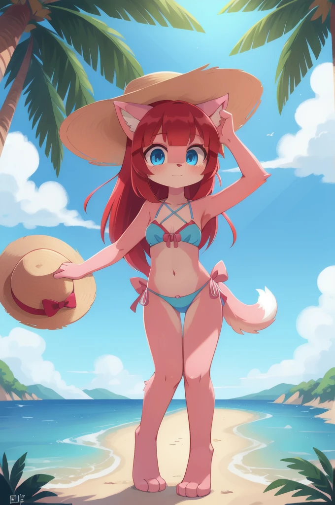 furry girl, cat, red hair, Knight bangs hairstyle, long ponytail, anime style, medium breasts, blue eyes, ((bright pink bikini Bandeau with bow in the center, side bows at the bottom, Sunglasses and wide-brimmed hat)), high quality, detailed body, detailed eyes, detailed face, masterpiece, glistening body, detailed body fur, best quality, two tone body, pink fur, clear pink fur, perfect lighting, perfect shadows, perfect eyes, perfect hair, perfect face, gorgeous body, skinny, solo, tongue out, beach, clear sky, full body, feets with three toes, 3 toes, on knees, v sign, cum on face, cum on legs, cum on breasts, cum on tummy, cum on mouth, cum on pussy, after bukake,