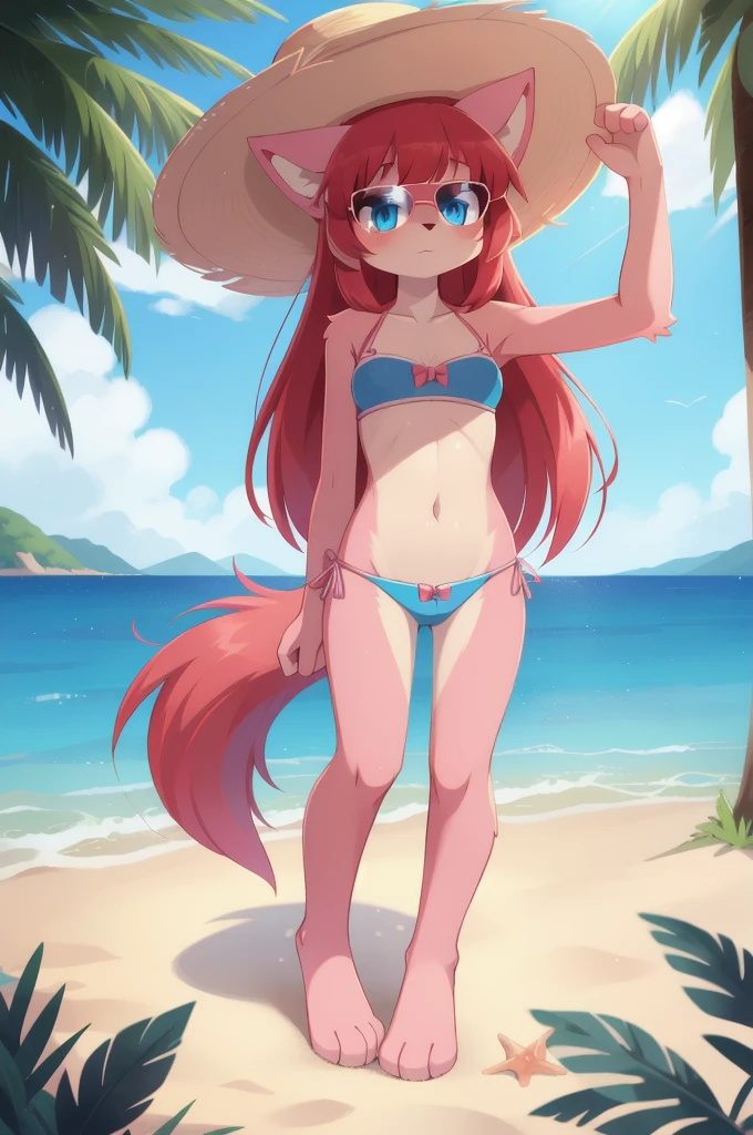 furry girl, cat, red hair, Knight bangs hairstyle, long ponytail, anime style, medium breasts, blue eyes, ((bright pink bikini Bandeau with bow in the center, side bows at the bottom, Sunglasses on top and wide-brimmed hat)), high quality, detailed body, detailed eyes, detailed face, masterpiece, glistening body, detailed body fur, best quality, two tone body, pink fur, clear pink fur, perfect lighting, perfect shadows, perfect eyes, perfect hair, perfect face, gorgeous body, skinny, solo, :3, full body, feets with three toes, 3 toes, score_9,score_8_up,score_7_up, source_cartoon, source_furry, standing, glowing blue eyes, from above, motion blur, Birds Eye view, beach, clear sky, standing, up angle,