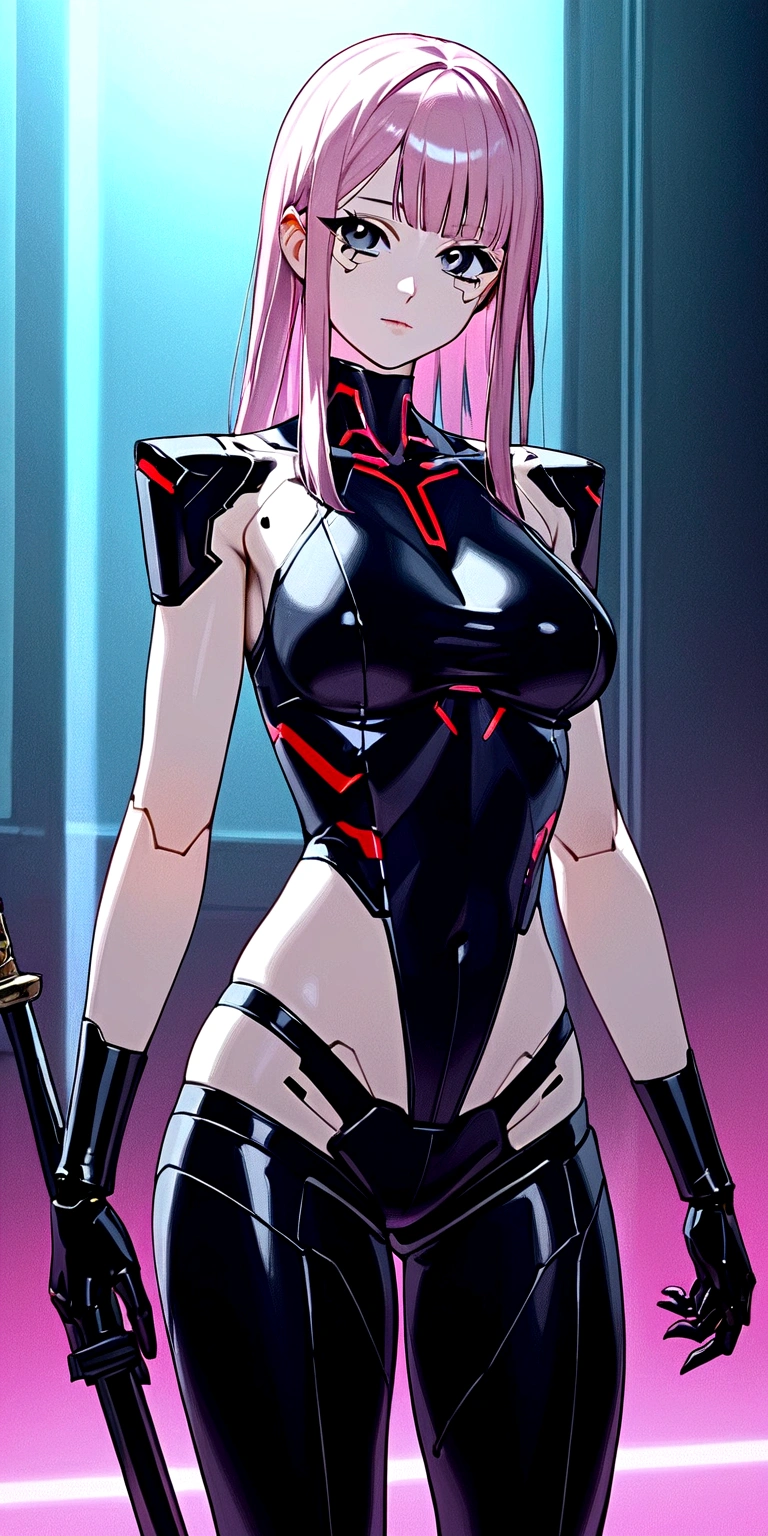 anime girl in black and pink outfit posing with a sword, best background&#39;écran anime 4K konachan, oppaï cyberpunk, Ilya Kuvshinov. 4K, fille androïde parfaite, seductive anime girl, cyberpunk anime girl, Detailed digital animated art, badass anime 8k, android heroine, female cyberpunk anime girl, animated cyberpunk art, cute cyborg girl