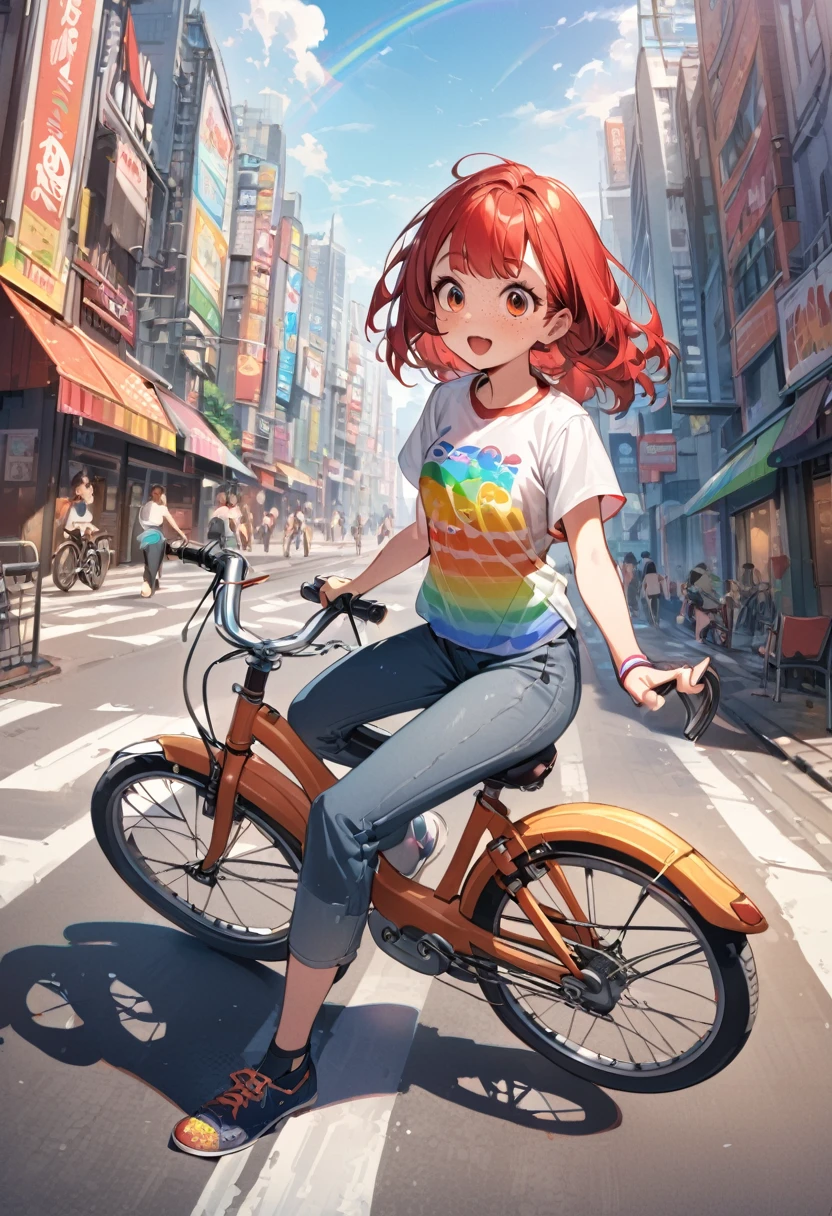 outdoors, young girl(red hair, freckles, big eyes, rainbow t-shirt, pants), city background, riding by bycycle