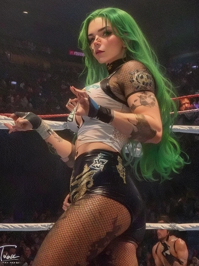 a woman with green hair and a wrestling ring poses for a photo, Cables on her body, recorded in 2 0 2 0, her belly button is exposed, badass pose, 🤬 🤮 💕 🎀, a