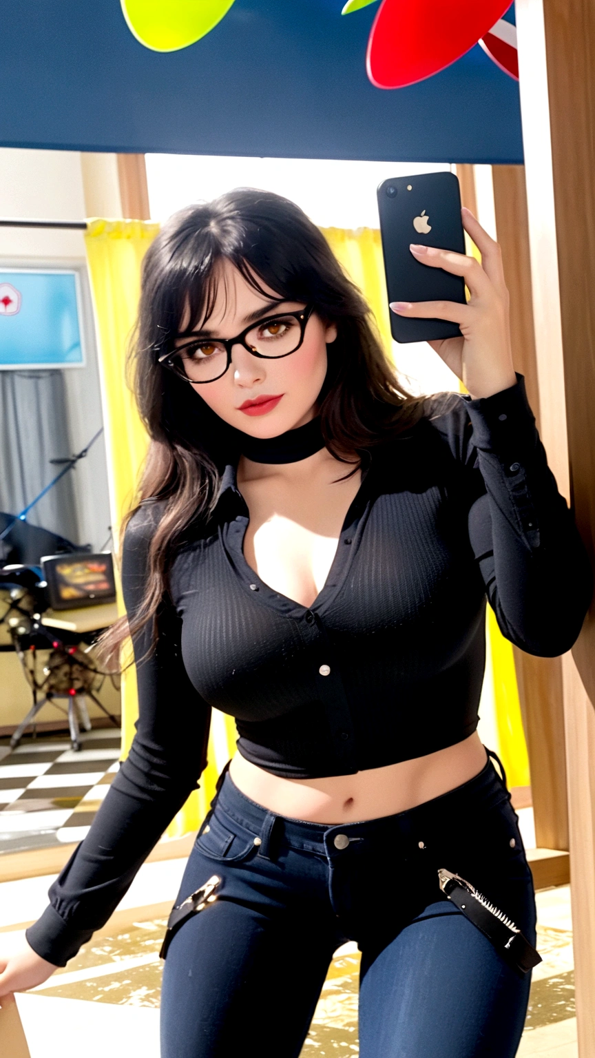 "A young adult Latina woman with long black hair styled in curtain bangs, very beautiful, with medium-sized, pointed breasts, thin legs, a small butt, slightly full lips, and large brown eyes. She is wearing jeans and a short black blouse with no neckline. She also has aviator-style glasses."