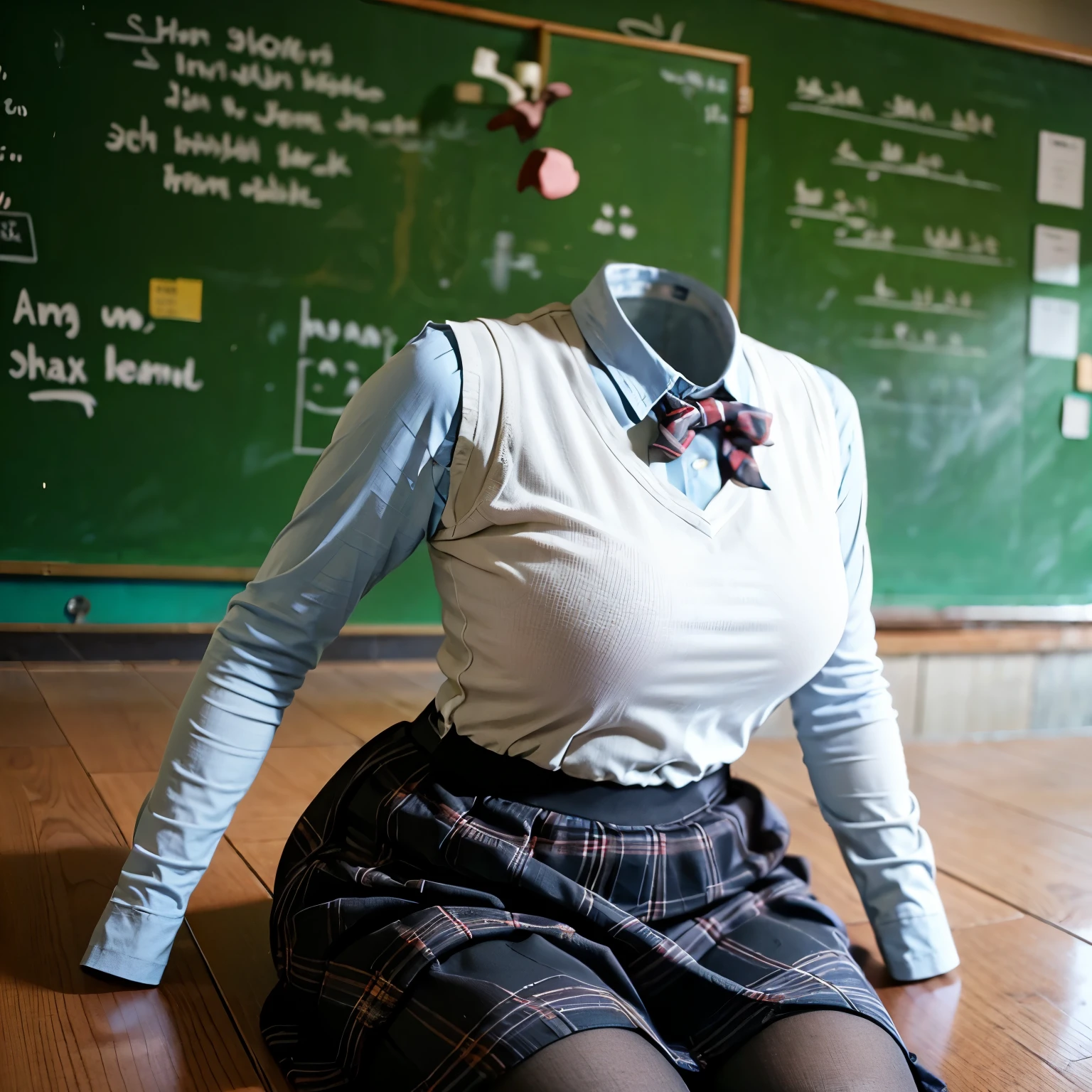 kibito high school blouse, school blouse, sweater vest, plaid skirt, leaning forward, fat, cute big breasts, (invisible, no human, headless, handless:1.5)