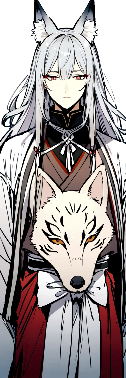 male、Fox、Animal Ears、Silver Hair、Long Hair、Japanese style、Bow drawing、1 person、High neck、Japanese and Western