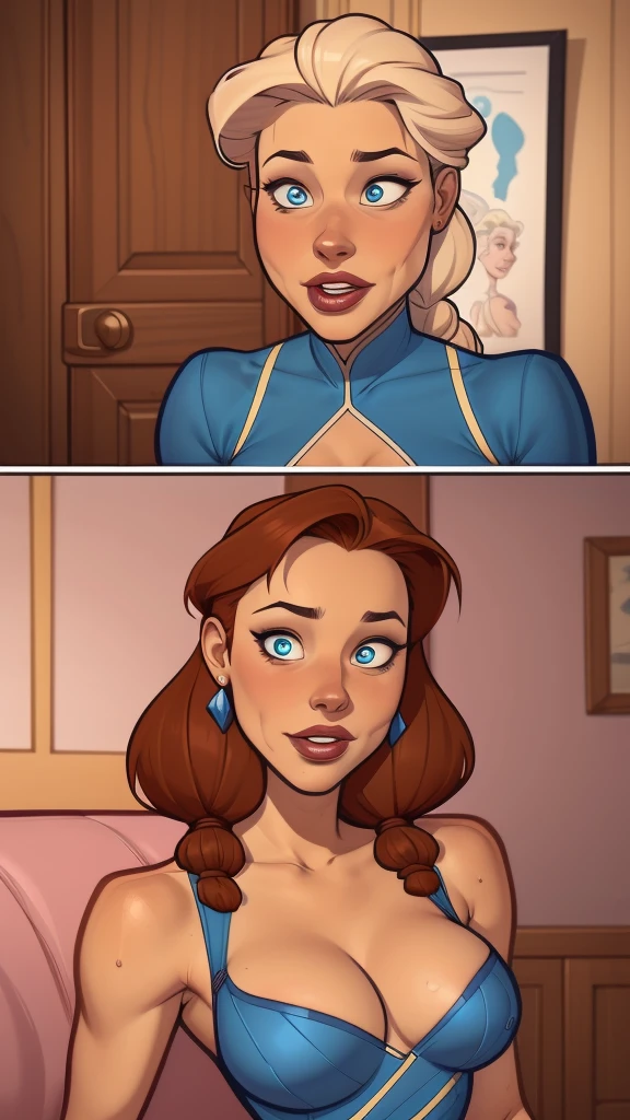 Compensation! Here is the revised and cleaner text:
--- Character: Queen Anna of Arendelle with battle scars.
Description: Cartoon image of a woman. Cartoon style illustration, with highly detailed character design. detailed digital art, showing courage and high quality portrait.
characteristics:
- Portrait character design - Beautiful digital illustration - Comic art - Young girl with braided hair - Beautiful lined eyes - Medium-large bust and wonderful sexy clothes - Expression of sexual desire from waist to head ---