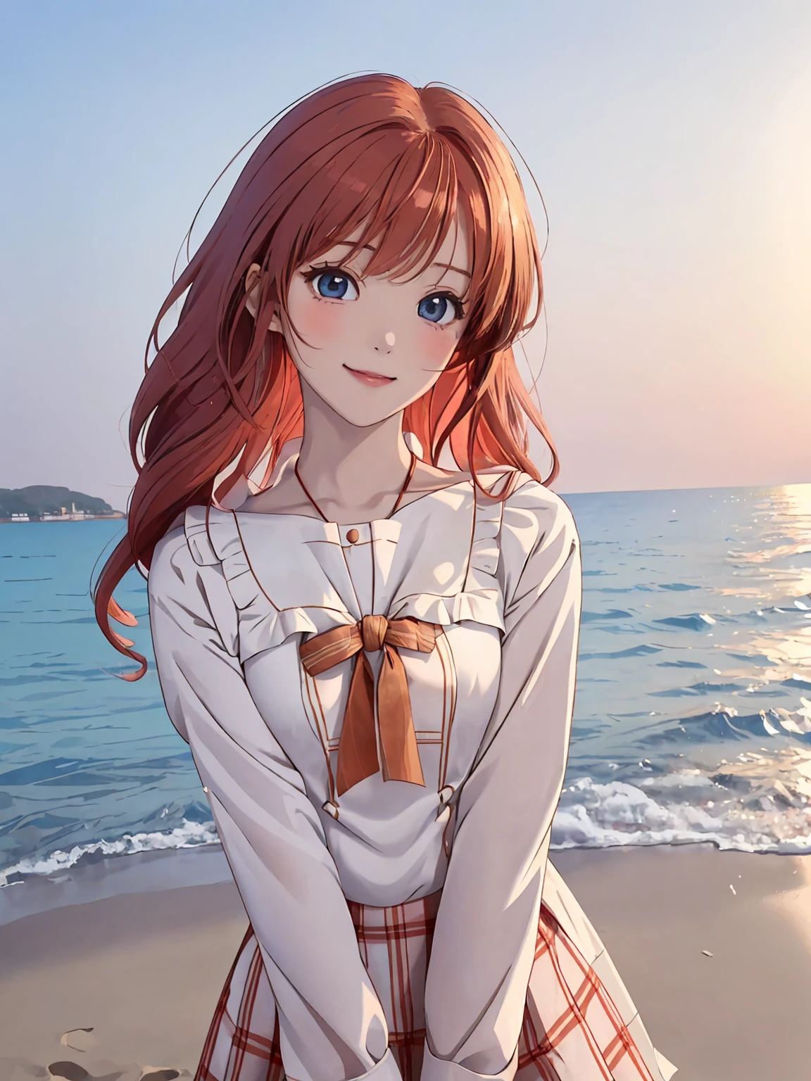 (This is a close-up shot of a young anime girl in a  on the beach:1.4),(solo:1.4),(1girl:1.4),(medium-length red hair:1.3),(hazel eyes:1.2),(white blouse:1.3),(plaid skirt:1.2),(barefoot:1.1),(standing by the shore:1.3),(seashells in the background:1.2),(calm sea in the background:1.2),(golden sunset:1.1), (detailed face:1.3),(beautiful detailed eyes:1.3),(bright smile:1.2),(cheerful expression:1.3),(sun-kissed cheeks:1.2),(petite frame:1.2),(natural bust:1.3), (masterpiece:1.2),(best quality:1.3),(ultra high res:1.2),(photorealistic:1.1)