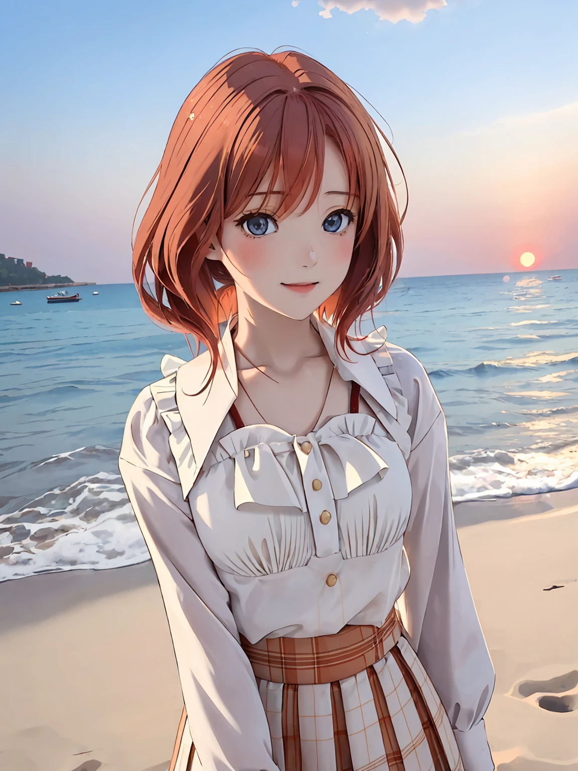 (This is a close-up shot of a young anime girl in a  on the beach:1.4),(solo:1.4),(1girl:1.4),(medium-length red hair:1.3),(hazel eyes:1.2),(white blouse:1.3),(plaid skirt:1.2),(barefoot:1.1),(standing by the shore:1.3),(seashells in the background:1.2),(calm sea in the background:1.2),(golden sunset:1.1), (detailed face:1.3),(beautiful detailed eyes:1.3),(bright smile:1.2),(cheerful expression:1.3),(sun-kissed cheeks:1.2),(petite frame:1.2),(natural bust:1.3), (masterpiece:1.2),(best quality:1.3),(ultra high res:1.2),(photorealistic:1.1)