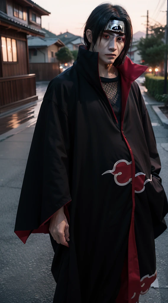 Obito uchiha from anime naruto, black hair, short hair, headband, akatsuki robe, red eyes, sharinggan eyes, looking at the viewer, standing, perfect body, piercing gaze, one man.