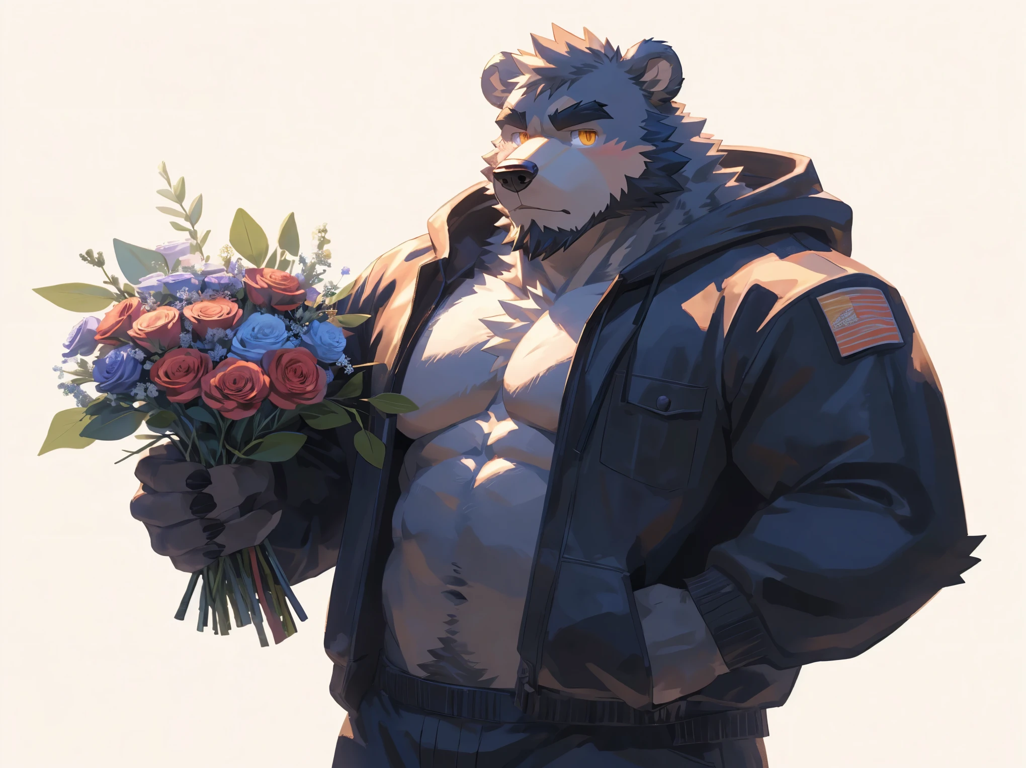 (masterpiece:1.2), best quality,pixiv,official art,perfect anatomy, (Ray tracing, light),solo, (1_male:1.3) , (muscle), (grey fur:1.4), (muscle bear), (beard:1.2), (gleaming golden eyes), bear tail, Thick eyebrows, open hoodie, (naked inside:1.2), cargo pants , (pure white background: 1.3), (holding bouquet:1.3), pokerface, looking at bouquet: