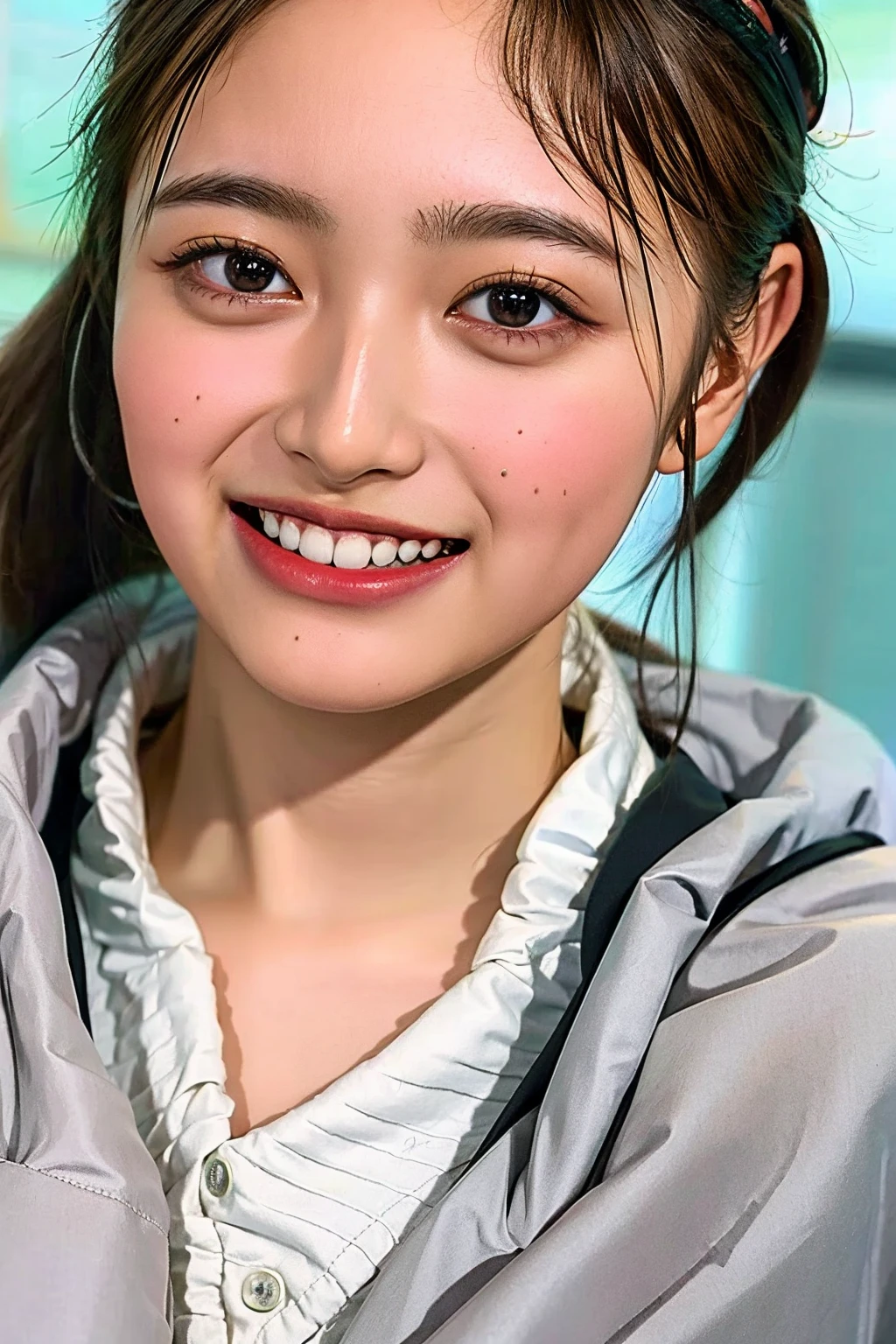 (((upper body shot))),Ultra-high resolution,big eyes,((brown eyes)),Japanese,(forehead),(a girl),(1 girl),(()),(cute),pretty,((facing at viewer)),arms behind back,grin,(((black uniform)))