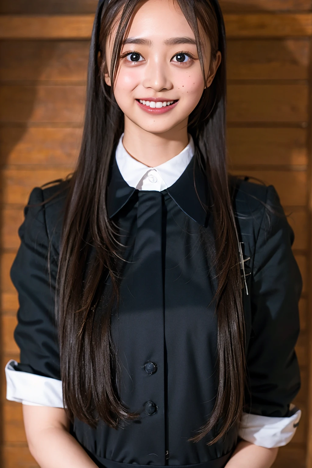 ((highest quality、8k、masterpiece:1.3)),((((upper body shot)))),Ultra-high resolution,big eyes,Japanese,forehead,bangs,(a girl),(1 girl),((16 years old)),((cute)),pretty,((facing at viewer)),(long hair),((black shirts)),grin