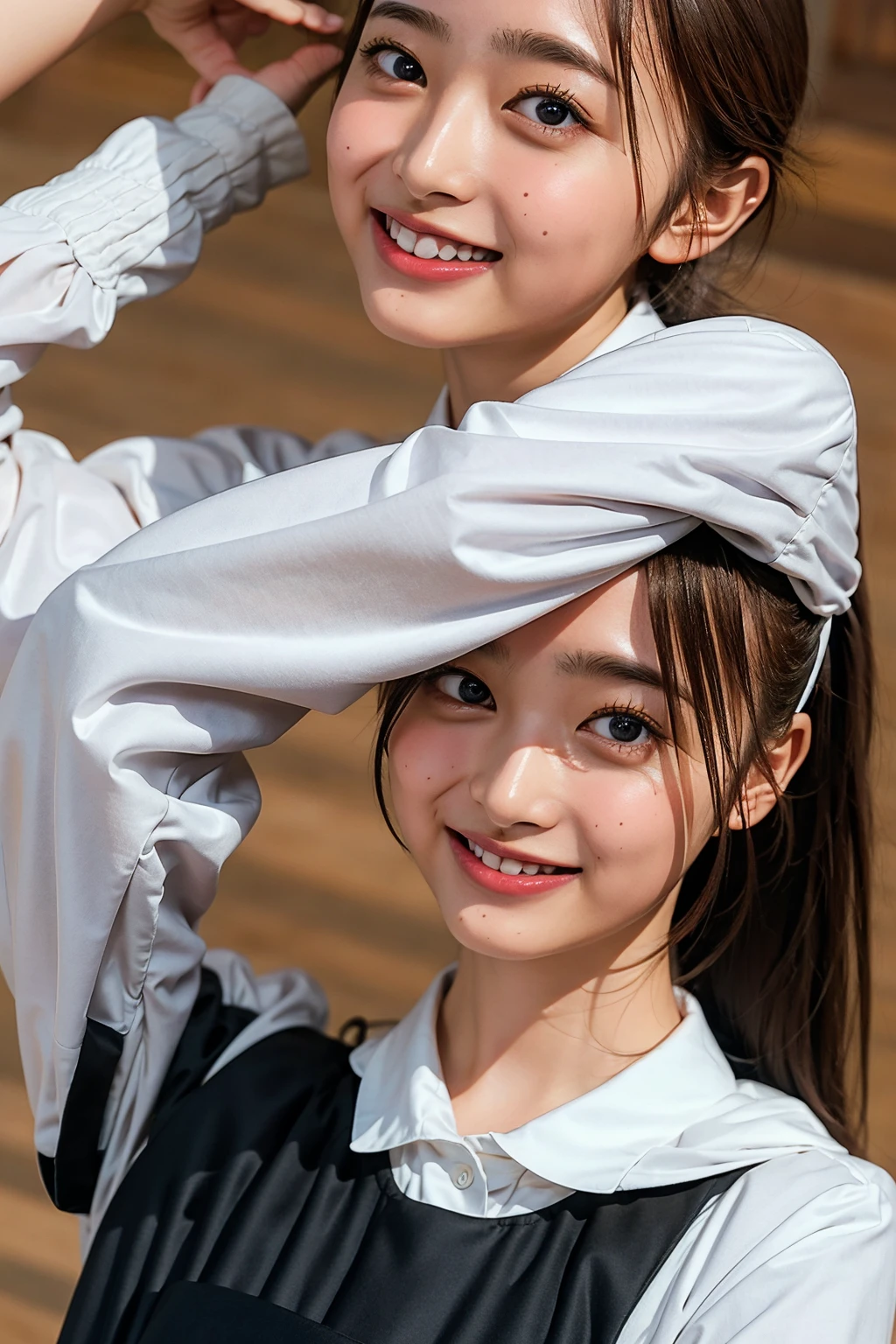 (((upper body shot))),Ultra-high resolution,big eyes,((brown eyes)),Japanese,(forehead),(a girl),(1 girl),((17 years old)),(cute),pretty,((facing at viewer)),arms behind back,grin,(((black uniform)))
