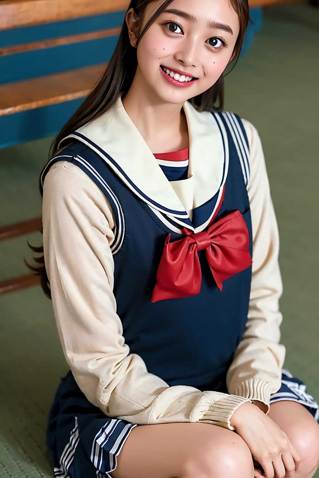 (((cowboy shot))),Ultra-high resolution,big eyes,(brown eyes),Japanese,(forehead),(a girl),(1 girl),((17 years old)),(cute),pretty,((facing at viewer)),grin,(((white school sailor uniform))),pleated skirt,(sitting),(thick thighs)