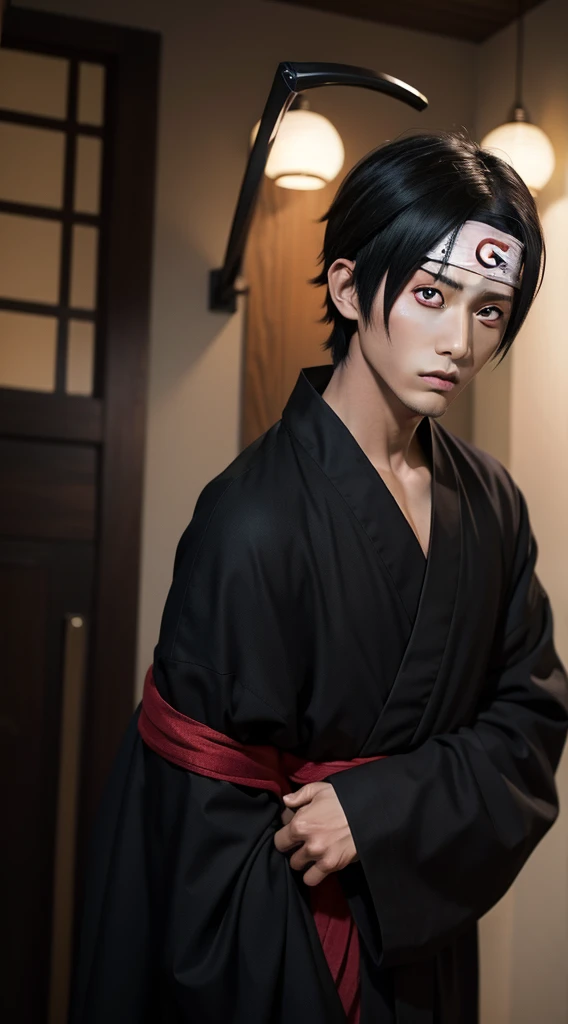 (Masterpiece), Uchiha Itachi (Best Quality), Ultra High Resolution, Professional Artwork, Super Detailed, Complex, Detailed Face, Perfect Lighting, 1 Boy, Black Hair, (Red Eyes, Glow Sharingan Eyes), Akatsuki Costume, Ninja, Black Cloak, Black Coat, Forehead Protection, (Collarbone), Mane, Head, Night, Night Sky, Crescent Moon, (Red Moon, Crow), Angry Face, Nasolabial Folds, Hand Marks, Outdoor, (Cowboy Lens, Long Shot)