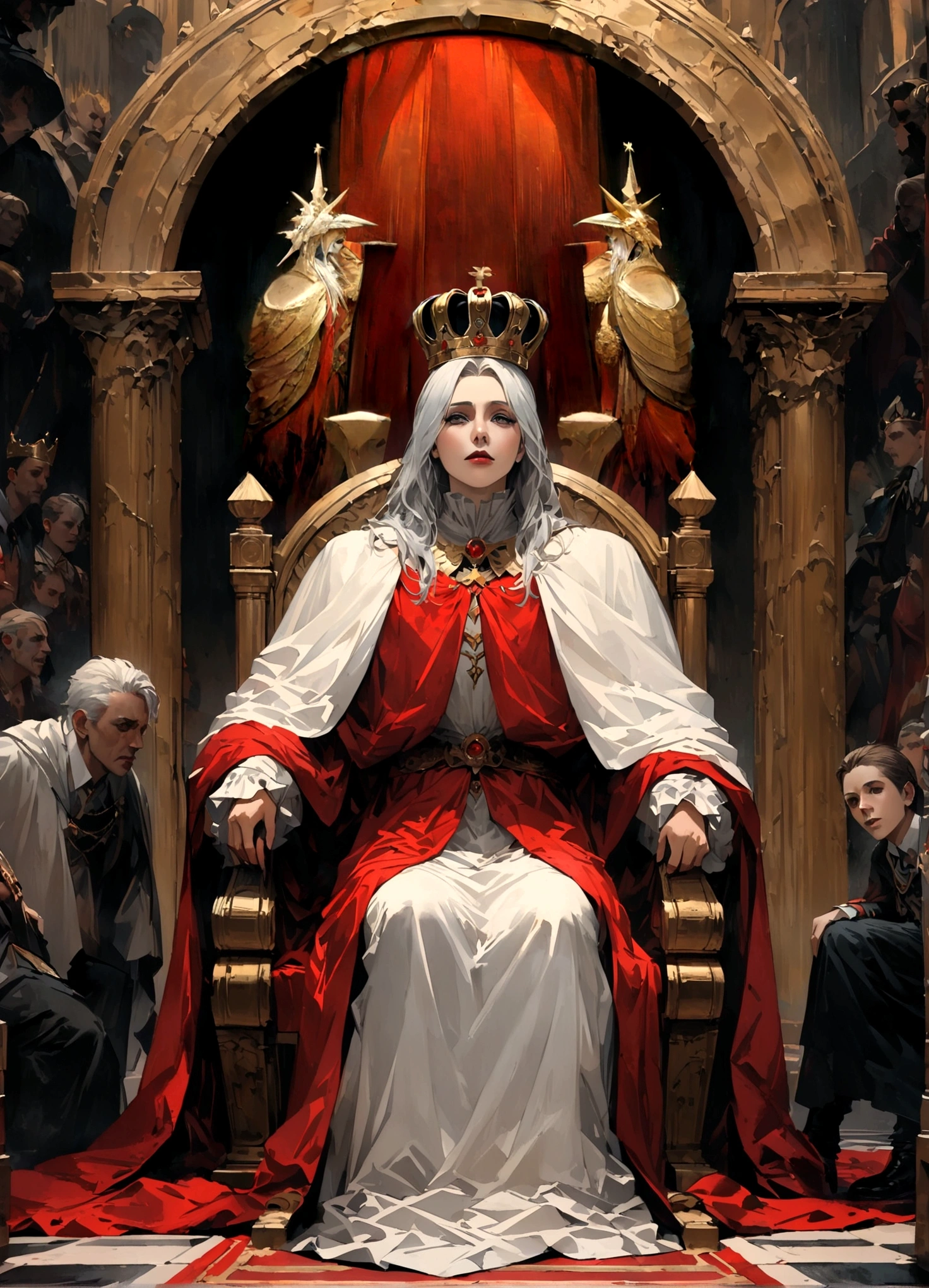 A painting depicting a king sitting on a throne,Composition seen from below,Subjects prostrating,A king with absolute power who looks down on his subjects,There is a distance between the king's throne and his subjects.,the king is a newly crowned man,He wears clothes and a cloak befitting a king.,crown,I rest my chin on the armrest of the throne.,He is a cruel king who doesn't treat people as people.,A painting depicting an era in history,paint with oil paint,(masterpiece:1.3),(highest quality:1.4),(ultra detailed:1.5),High resolution,extremely detailed,unity 8k wallpaper,decadent,dark fantasy,horror style,fear,awe,feeling of pressure