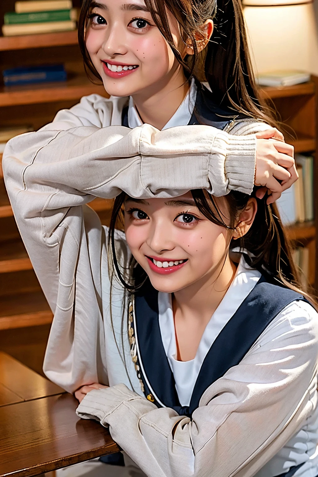 (((upper body shot))),Ultra-high resolution,big eyes,(brown eyes),Japanese,(forehead),(a girl),(1 girl),(()),(cute),pretty,((facing at viewer)),grin,(((white school sailor shirt))),pleated skirt,(sitting),(thick thighs)