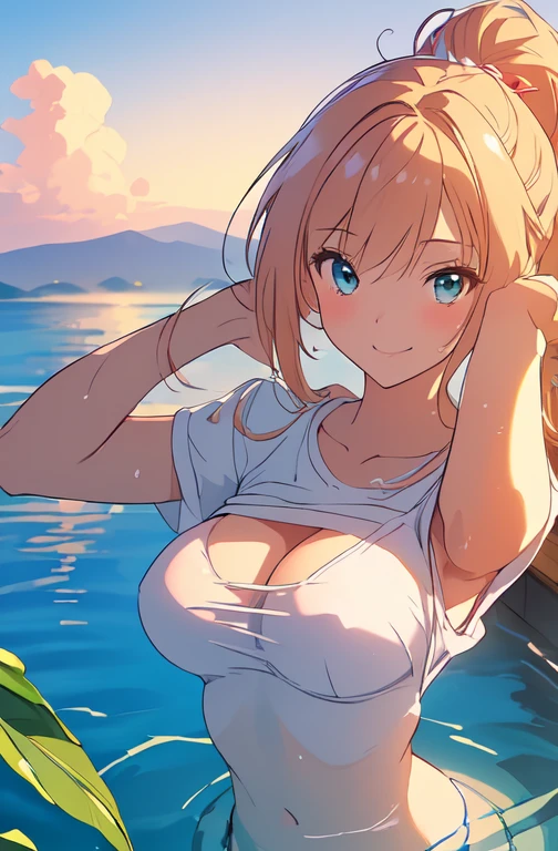 nsfw, Top quality, masterpiece, ultra high resolution, , (top quality, high resolution, 4K, detailed lighting, shaders, perfect anatomy, perfect proportions), eye of the beholder, (masterpiece, top quality) (top quality, 4K, 8K, high resolution, masterpiece: 1.2), highly detailed, (masterpiece: 1.3, top quality, ultra high resolution, ultra detailed), (top quality: 1.2), perfect eyes, perfect face, perfect lighting, (top quality, 4K, 8K, high resolution, masterpiece: 1.2), highly detailed, (top quality, 4K, 8K, high resolution, masterpiece: 1.5), highly detailed, masterpiece, top quality, ultra detailed, top quality, high resolution, 32K CG, very delicate and beautiful, illustration, high resolution, sharp focus, front lighting, glow, girl 1 person, solo, smiling, very beautiful and detailed anime face, very detailed eyes, ((masterpiece)), ((best quality)), (super detailed), ((cute)), cute, ((very detailed)), 4K, (8K), best quality, (best quality, 8K, 32k, masterpiece, super high resolution, very detailed, impressionistic:1.2), (((thighs submerged in water))), blurred background, shiny wet skin, nsfw, High quality, Ultra detailed, best quality, insanely detailed, beautiful, masterpiece, ideal ratio body proportions, ultra high resolution,
One girl, slender, tanned skin, Crocs green Sandals
Tropical Beach, Stunning Sunset, some cottages, Distant view, sky high, navy skirt, break, (((she lift white t-shirt showing up breasts intentionally))), hands at breasts, break, moderate breasts, cute pink small nipples, blonde, Blue-green eyes, Shy smile, cute, high ponytail with red ribbon, from side, full body,