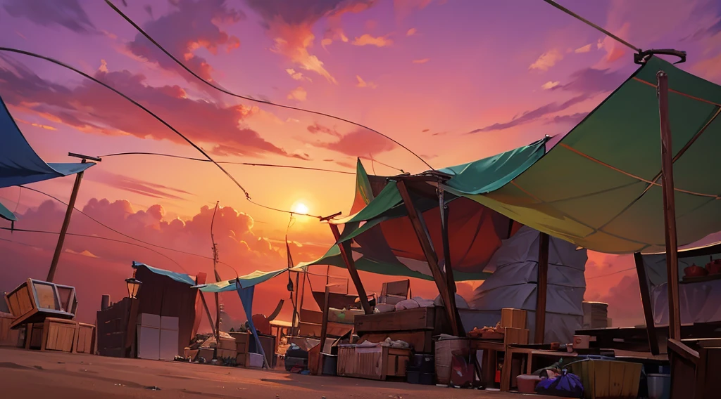 traditional market, (market stalls, market tents, canopies, tarp canopy), butchery, wooden boxes, wooden basket, wire,, sand ground, dawn sky, dark morning, low angle,