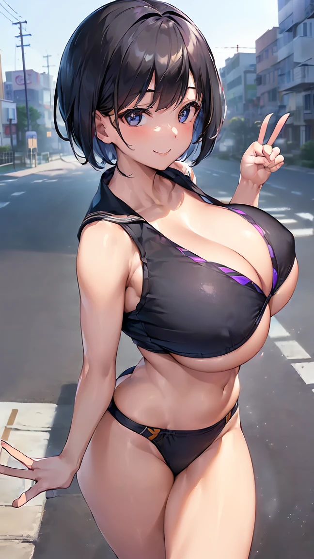 ​(5fingers, one hand peace:1.8), (morning, crossing, neighborhood, schoolway :1.4), high resolution, extremely detailed CG, unity 8k wallpaper, super detailed skin, perfect anatomy, detailed, cinematic lighting, dynamic lighting, beautiful detailed eyes, black short hair, (smile:1.2)、(looking at viewer:1.8), (gigantic breasts:1.4)、 (sailor uniform bikini), (gleaming skin:1.2)、
(arms behind back, walking:1.3),