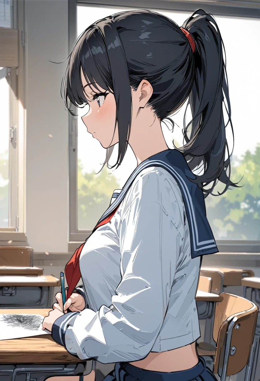 Masterpiece,best quality,Girl, high school girl, black hair, ponytail, profile, classroom, sailor suit, (((pencil drawing style))),