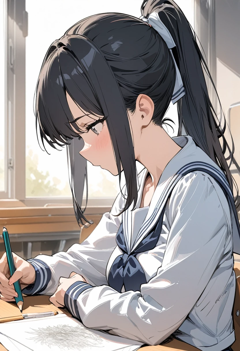 Masterpiece,best quality,Girl, high school girl, black hair, ponytail, profile, classroom, sailor suit, (((pencil drawing style))),