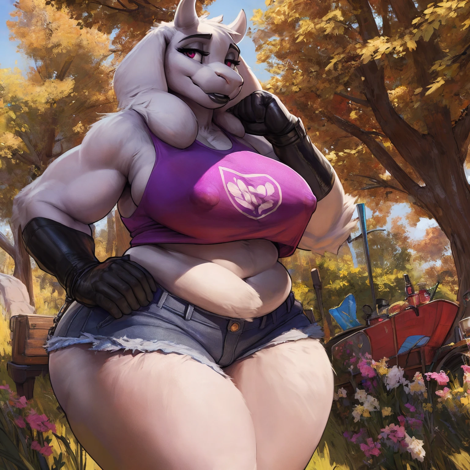 by darkgem, by duase, by bng, solo, 1girl, toriel, maroon eyes, female, older woman, furry body, chubby, heavyset, broad shoulders, wide body, wide hips, thick thighs, big arms, heavy breasts, nipple outline, highly detailed eye, (black pupil:1.3), milf, tank top, (bare midriff:1.3), cleavage, large areolae, denim cutoffs, visible thong straps, Masterpiece, best quality, absurd res, highly detailed, cleanly drawn eyes, park environment, standing upright, cute smile, big bottom lip, black lipstick, casual posture,