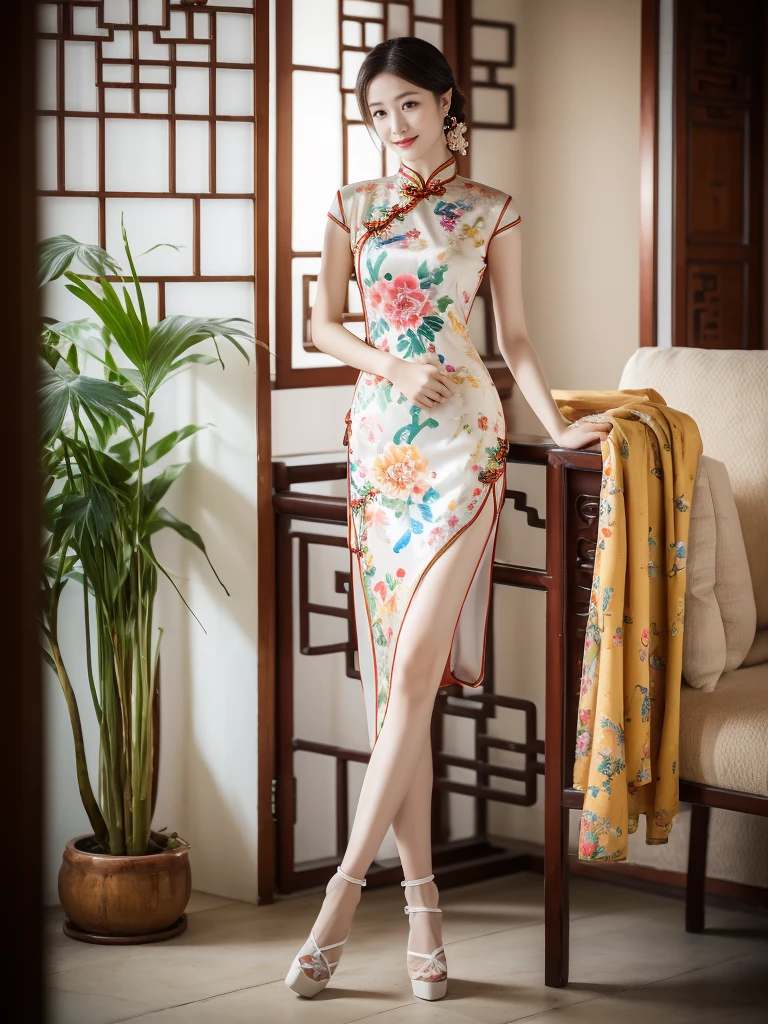 light, Ray Tracing, Film Grain, Depth of Field, Ultra HD, masterpiece, best quality, Super Detail, The award-winning, high resolution, High Detail, Real human skin, Natural skin texture, 1 Girl, Oval face, cheongsam, whole body,Big breasts,indoor, (((Show your thighs))), Bare thighs, Beautiful legs, ((Chest)), Full figure, whole body, kiss, ((Colorful Chinese Clothing)), sit在地上, Smile, High heel, (sit:1.3), Chinese furniture, vase, Sense of space, Face lighting, Depth of Field, Natural light, Flowers, plant, Art Deco Design,