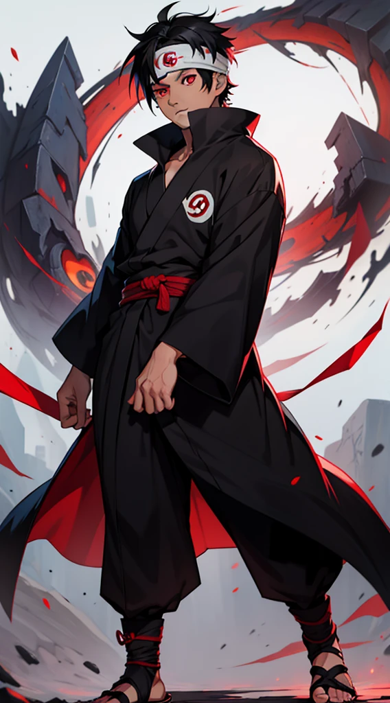 Obito uchiha from anime naruto, black hair, short hair, headband, akatsuki robe, red eyes, sharinggan eyes, looking at the viewer, standing, perfect body, piercing gaze, one man.