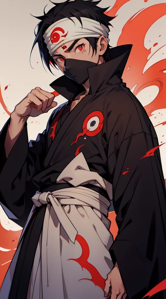 Obito uchiha from anime naruto, black hair, short hair, headband, akatsuki robe, red eyes, sharinggan eyes, looking at the viewer, standing, perfect body, piercing gaze, one man.