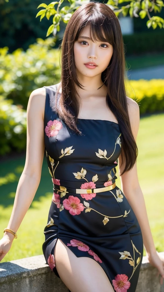 1girl,独奏,best quality,masterpiece,illustration,an extremely delicate and beautiful,CG,unity,8k wallpaper,Amazing,finely detail,masterpiece,official art,extremely detailed CG unity 8k wallpaper,incredibly absurdres,huge filesize,ultra-detailed,highres,extremely detailed,beautiful detailed girl,realistic,full frontal,outdoors,light contrast,jewelry,dress,bracelet,long hair,bangs,full body,sleeveless,day,floral print,black hair,bare shoulders,sleeveless dress,plant,print dress,brown eyes,school girl,uniform