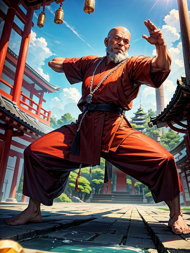 Highest quality,Highest Resolution,An old monk holding a rosary,Temple grounds,Japan,Skinhead,Crystal Jade,Kempo stance,Fighting Pose,