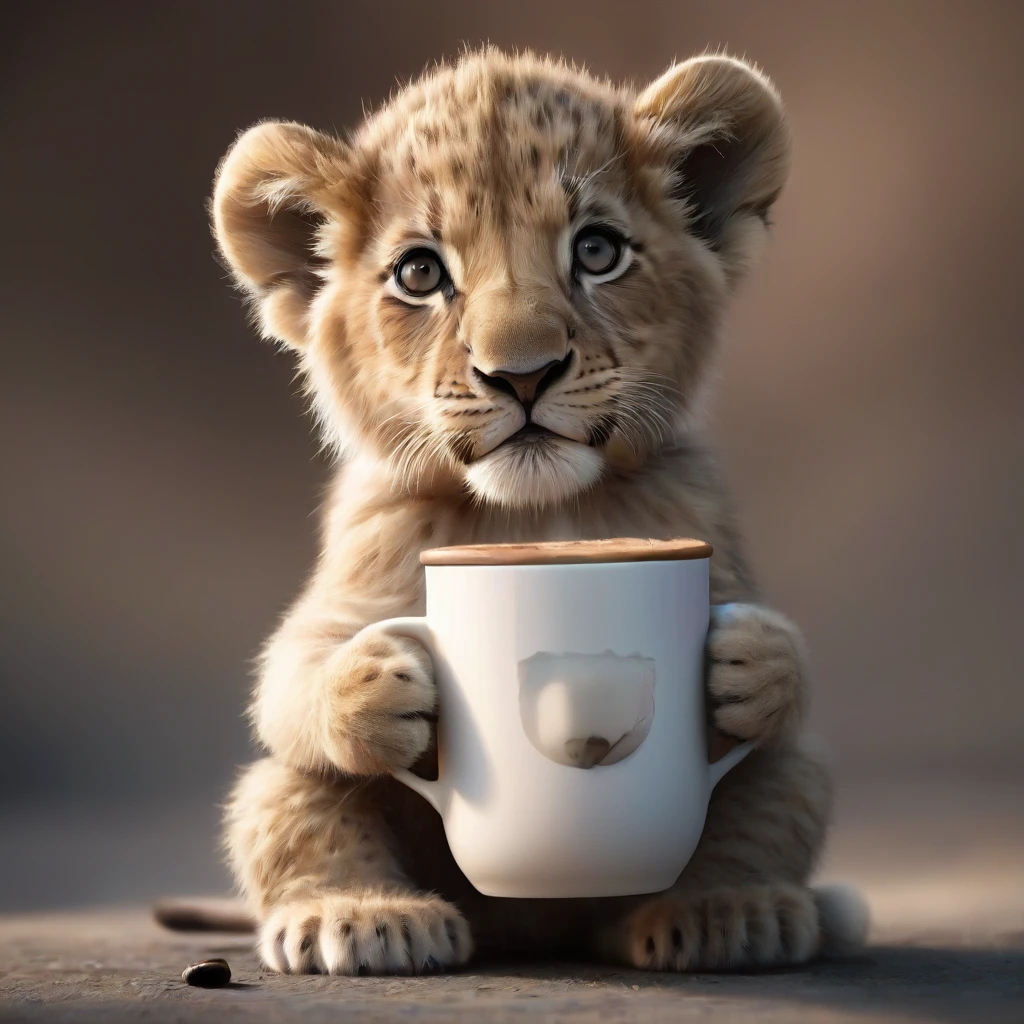 A small lion cub holding an oversized cup of coffee.