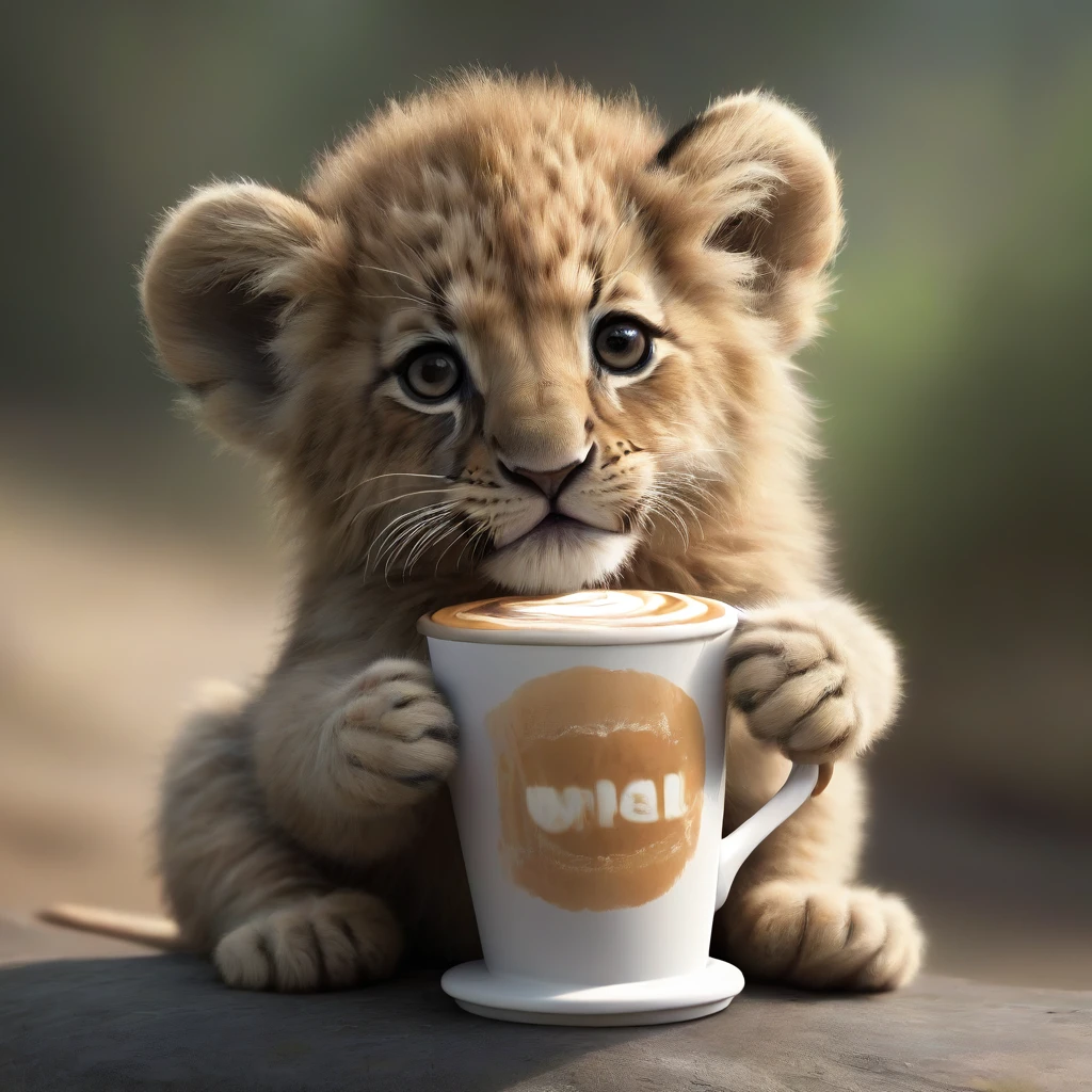 A small lion cub holding an oversized cup of coffee.