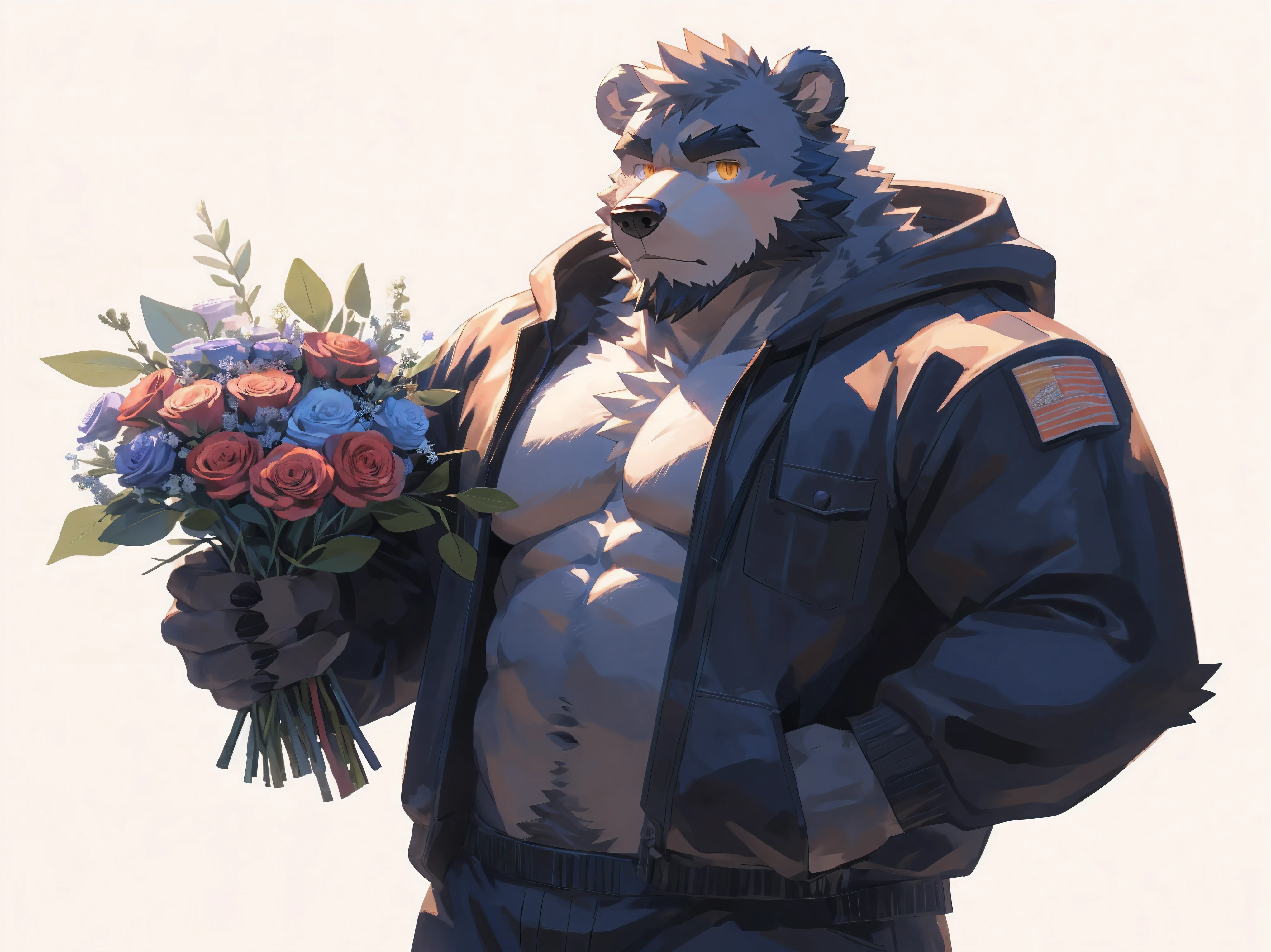 (masterpiece:1.2), best quality,pixiv,official art,perfect anatomy, (Ray tracing, light),solo, (1_male:1.3) , (muscle), (grey fur:1.4), (muscle bear), (beard:1.2), (gleaming golden eyes), bear tail, Thick eyebrows, open hoodie, (naked inside:1.2), cargo pants , (pure white background: 1.3), (holding bouquet:1.3), pokerface, looking at bouquet:
