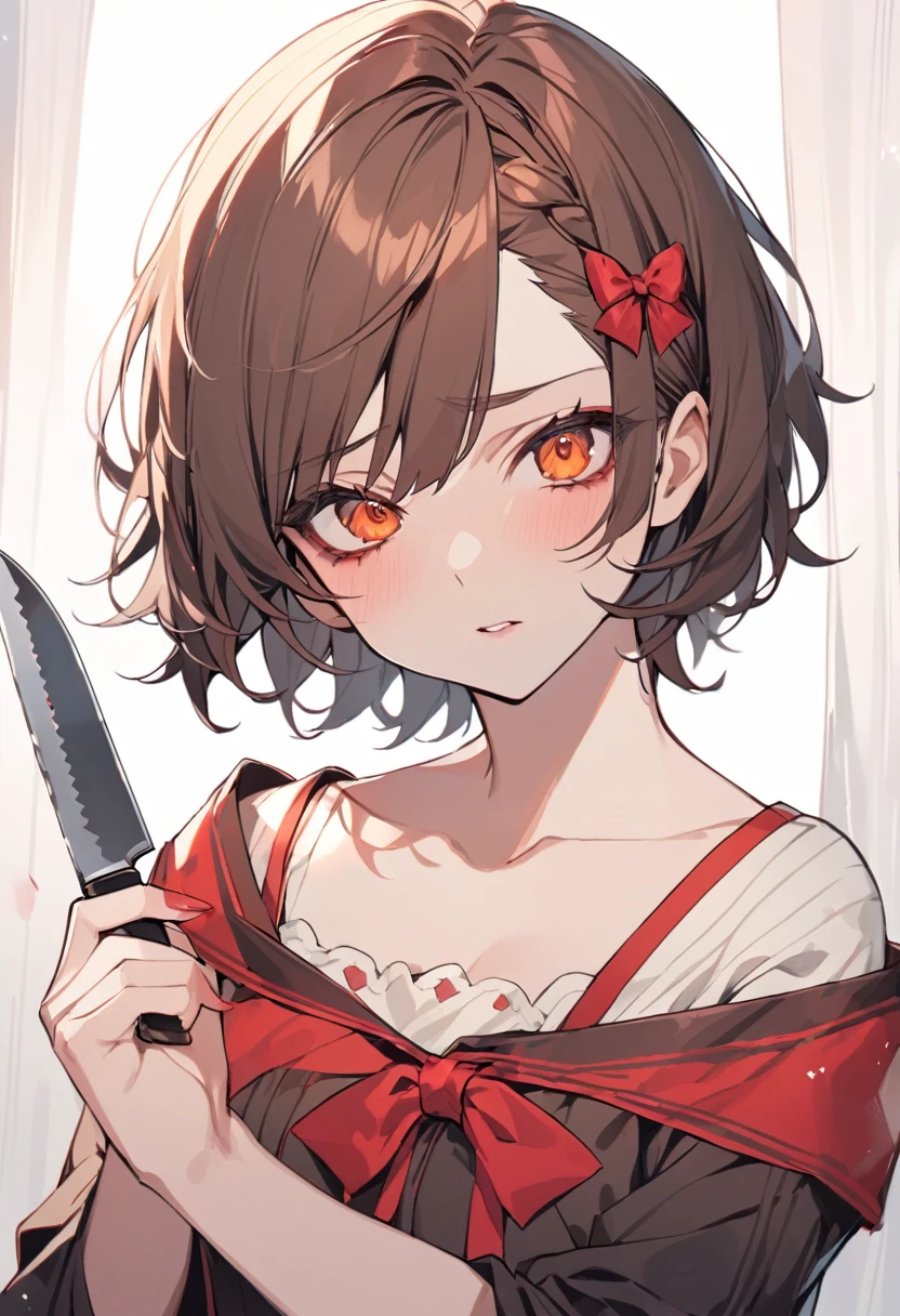 girl, brown hair, orange eyes, red bow on hair, short hair, yandere, knife, beautiful, mature