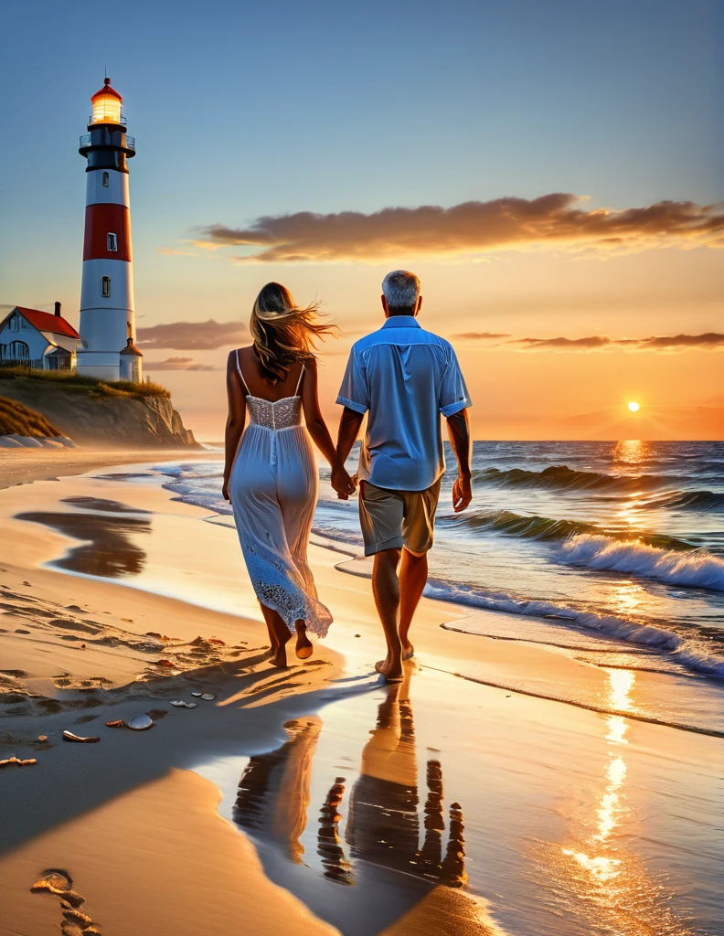 a man and woman take a walk together near the ocean shore hand in hand, cherish every moment they have been given with a sunset in the background and gentle waves crashing against their feet and a sailboat on the horizon and seashells on the sand and visible footprints in the sand and a lighthouse in the distance, RAW, HDR, Ultrasharp Focus, masterpiece professional photograph