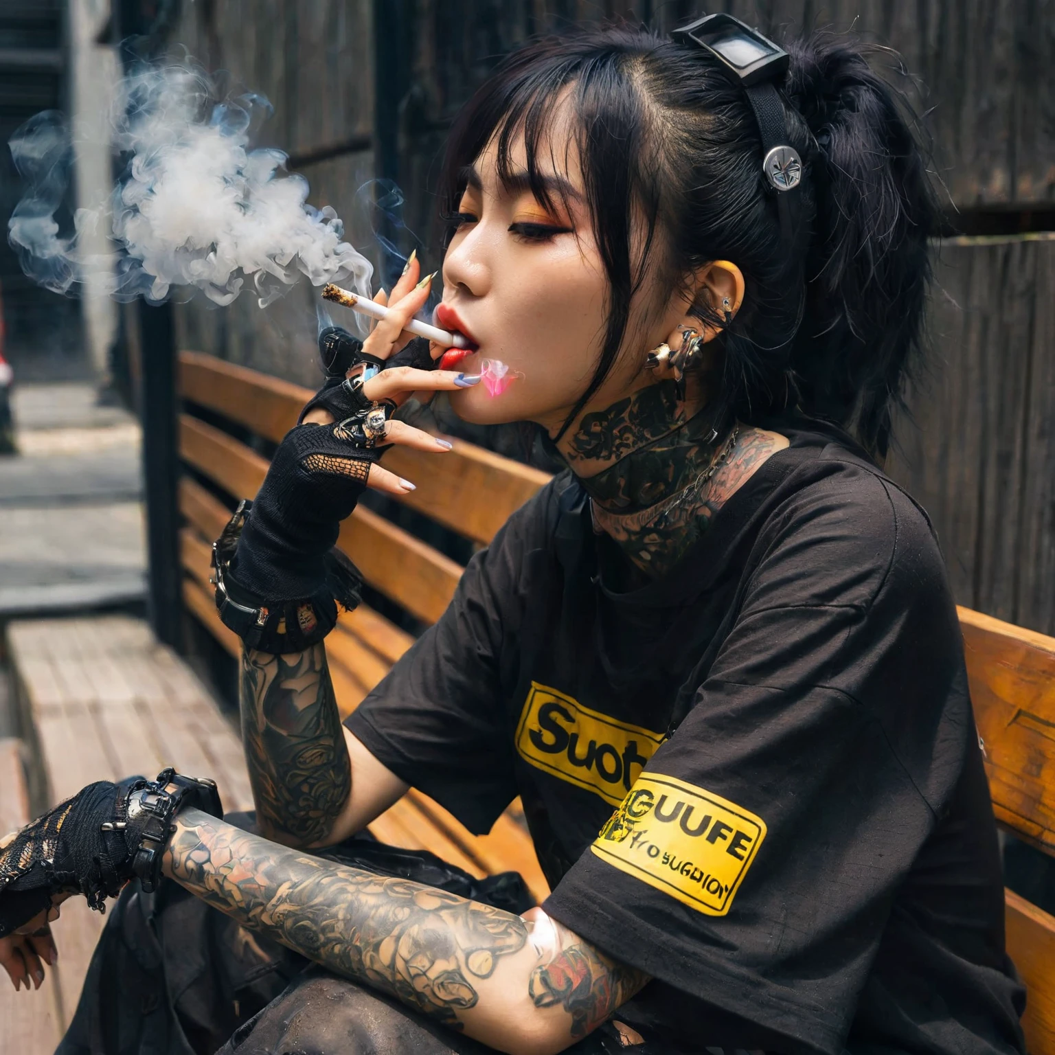 a woman smoking while sitting on a wooden bench, mean thai goth girl, outlife streetwear collection, smogpunk, taejune kim, sweaty faces, woman in streetwear, she is wearing streetwear, japanese streetwear, wearing japanese techwear, wearing a black t-shirt , gothic girl smoking yellow plate label, wearing cyberpunk streetwear, woman smoking, techwear woman photo, 2 0 2 0 fashion
